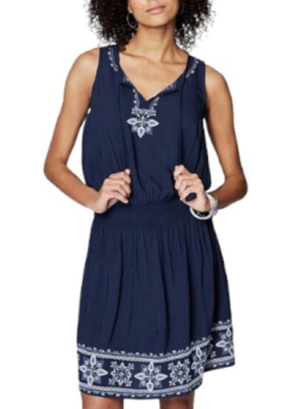 J. Jill Navy Blue Embroidered Sleeveless Mini Dress Sz M Nautical Coustal
